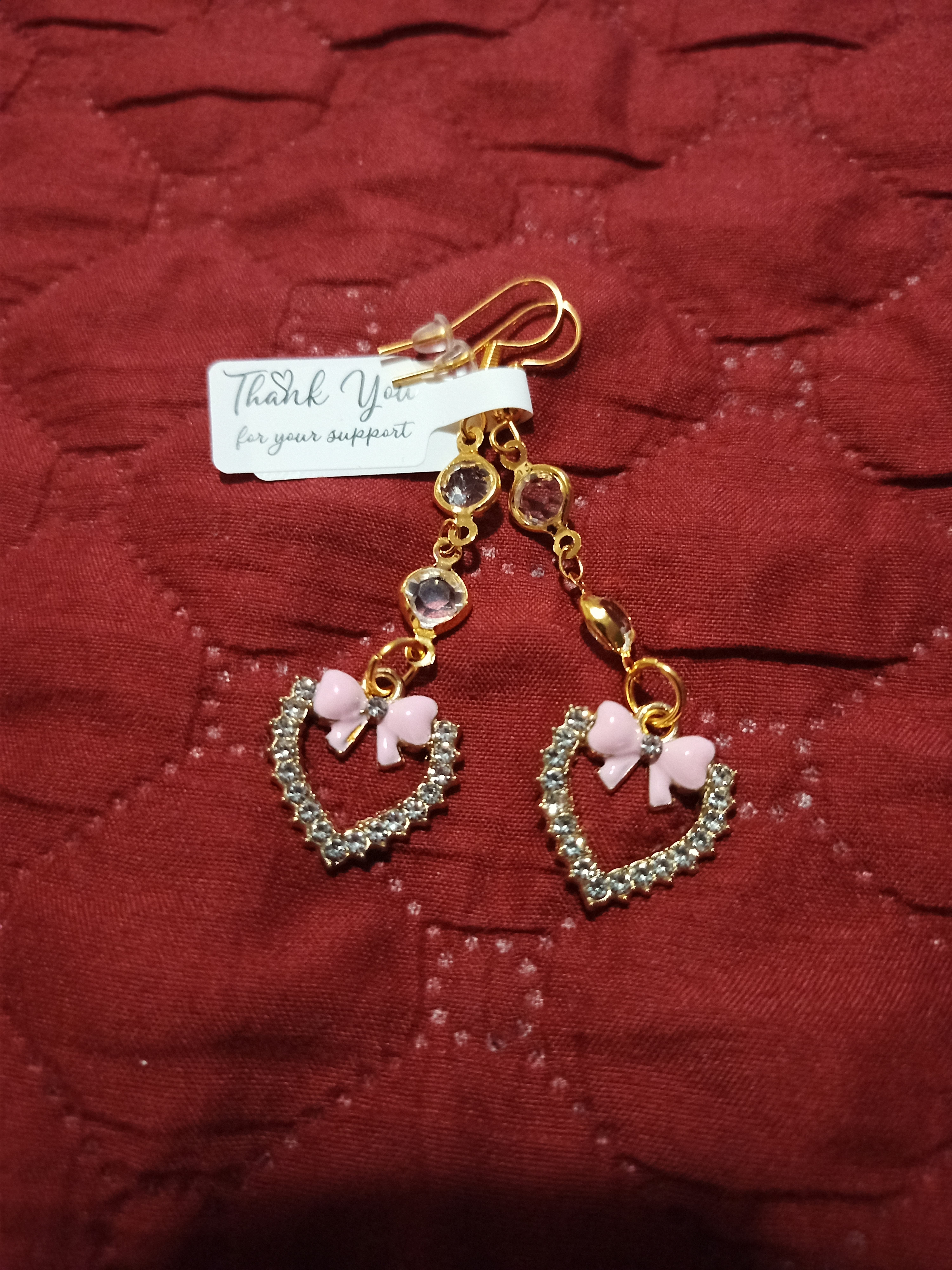 Modne naušnice „Pink Bow Heart” s prozirnim kristalima — slika 1