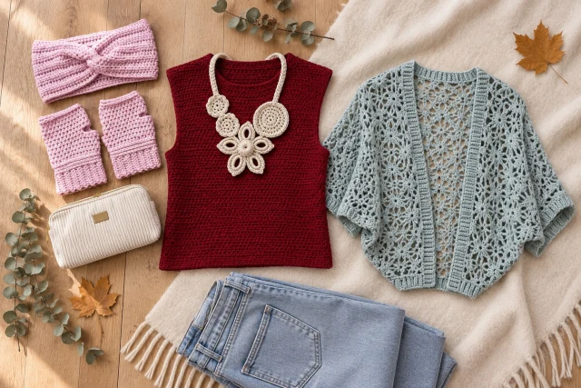 Flat-lay jesenje odjeće: bordo heklani top s heklanom ogrlicom, svijetlo zeleni čipkasti bolero, roze traka i rukavice bez prstiju te krem neseser od rebrastog somota.
